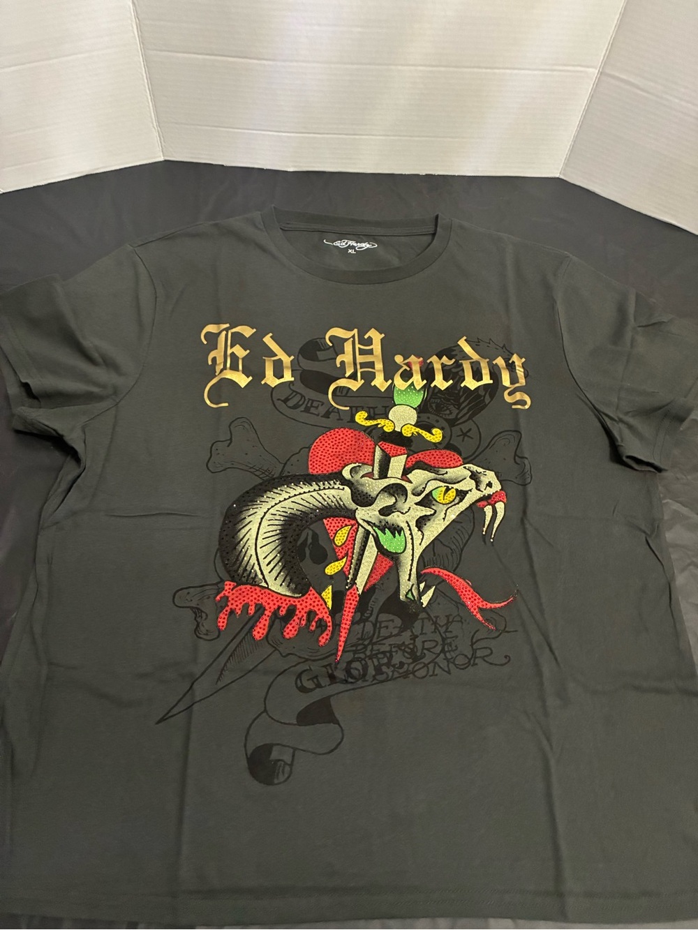 Ed Hardy Charcoal Grey Tee with Red & Yellow Snake Motif